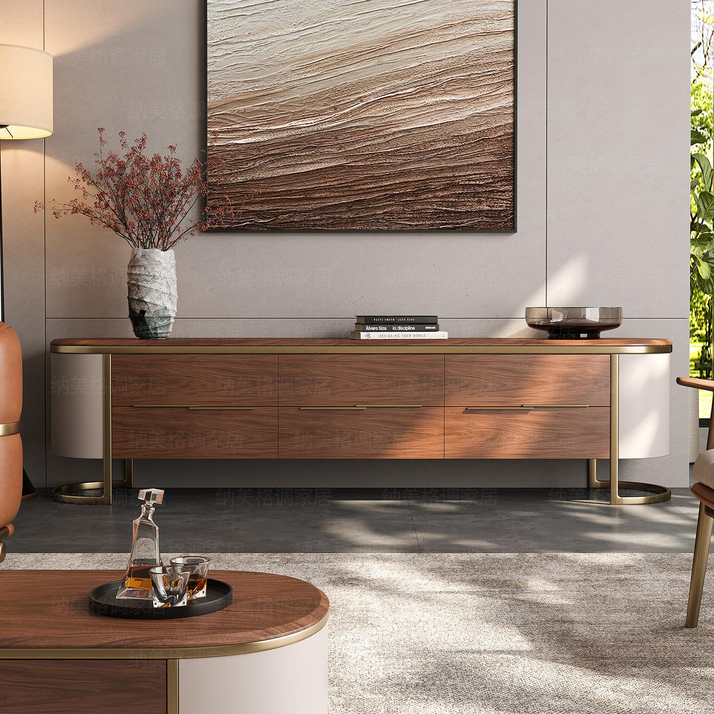 纳美格调法式复古实木电视柜茶几套装家用客厅高端中古胡桃色地柜