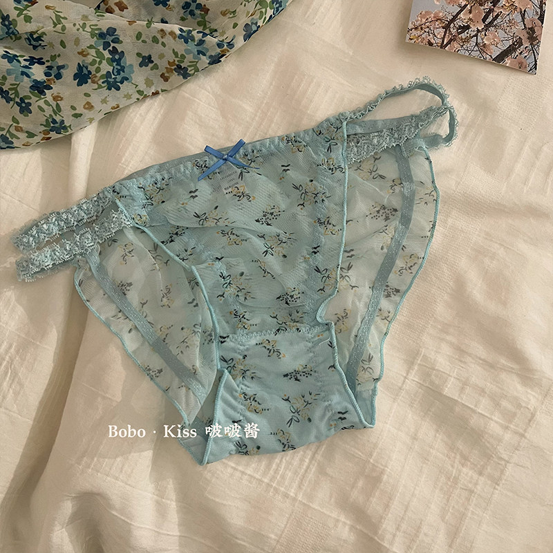 甜美印花少女蕾丝内裤女士性感纯欲新款低腰无痕网纱提臀三角裤夏