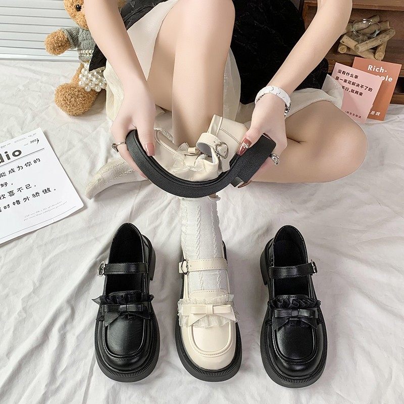 白色厚底小皮鞋女蝴蝶结日系洛丽塔jk浅口玛丽珍鞋搭扣乐福鞋女鞋,女鞋,工装鞋,淘宝优惠券,粉丝福利购,淘宝优惠卷