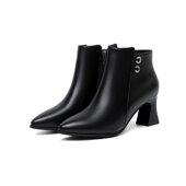 秋冬新款 2025新款 耐磨软底尖头高跟短筒靴女鞋 粗跟踝靴软皮短靴