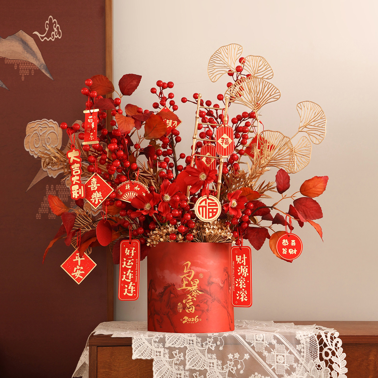 新年装饰摆件马年吉祥物过年氛围感红色客厅春节福桶年宵花抱抱桶