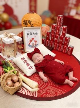 满月宴宝宝装百天衣服女婴儿公主风连体衣女孩红色喜庆小月龄礼服