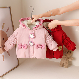 11个月婴儿秋冬装马年外套女宝宝冬季夹棉加绒上衣初冬天保暖连帽