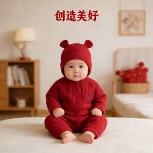 高端品牌婴儿过年红色系喜庆小月龄满月大红宝宝衣服连体女宝哈衣