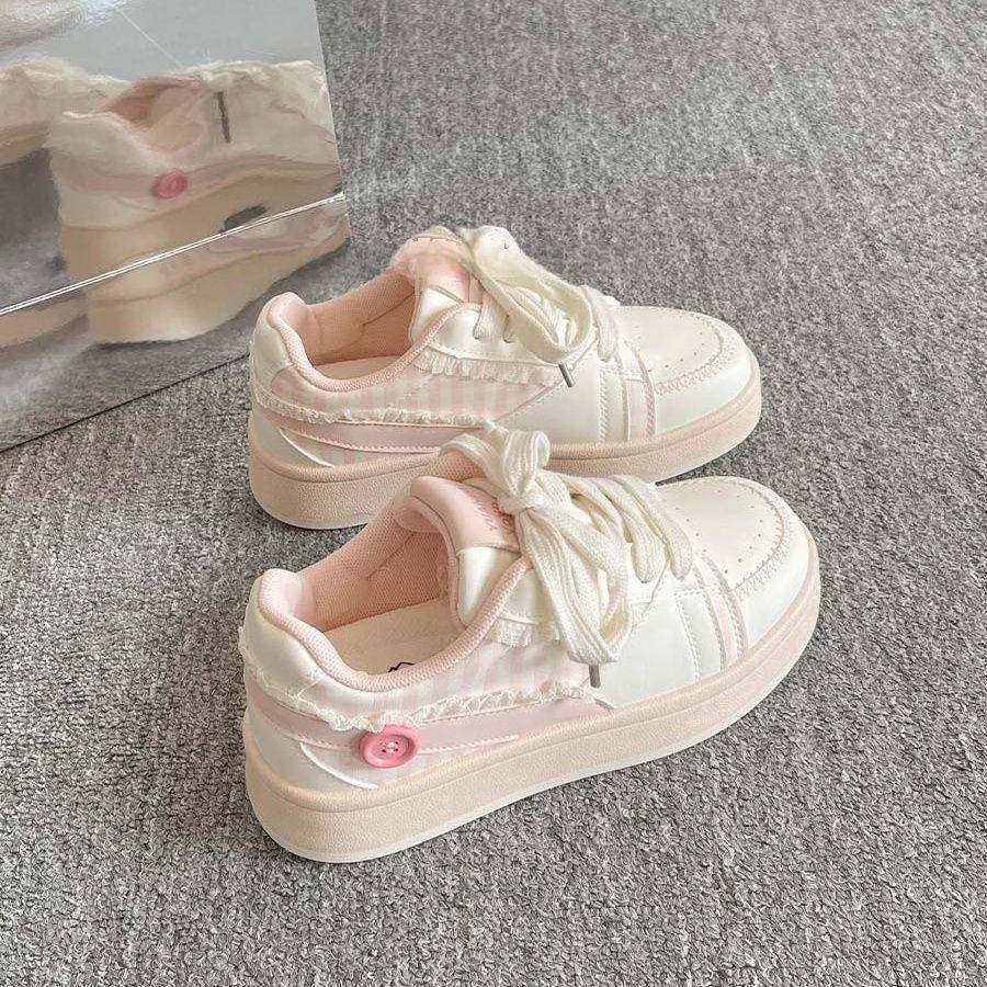 2025春夏季花边厚底小白鞋女款新款樱花粉板鞋ins百搭小众面包鞋,女鞋,时尚休闲鞋,淘宝优惠券,粉丝福利购,淘宝优惠卷