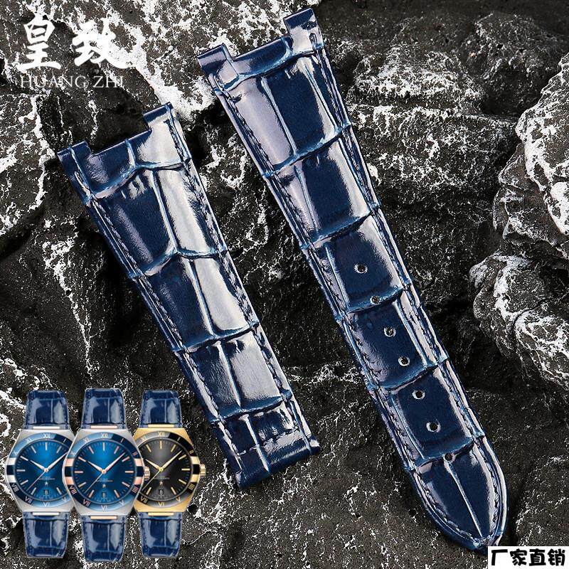 适配品质适配欧米茄星座系列真皮手表带131.13/131.33亮面蓝色男