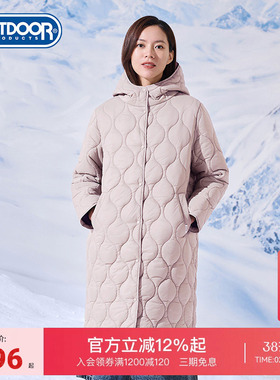 outdoor products秋冬户外长款超轻棉服连帽简约保暖外套菱形格