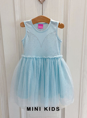 迪家订单~梦幻蓝！女童blingbling闪闪无袖网纱公主蓬蓬纱连衣裙