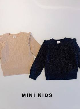 法国单~女童3-14岁秋冬圆领木耳边飞飞袖blingbling针织毛衣上衣