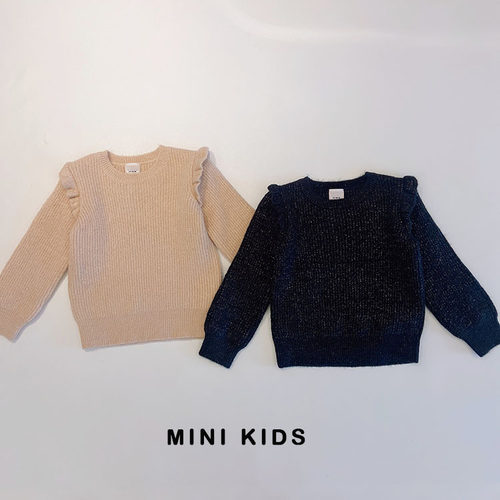 法国单~女童3-14岁秋冬圆领木耳边飞飞袖blingbling针织毛衣上衣