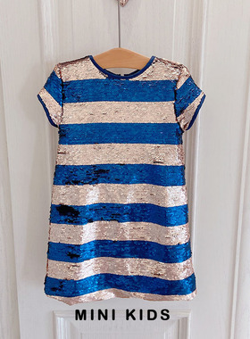 欧美单~原单3-7岁女童春夏条纹亮片blingbling短袖礼服裙连衣裙