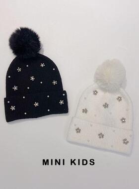 出口单~女童秋冬毛线针织帽毛球镶钻时尚护耳保暖帽子