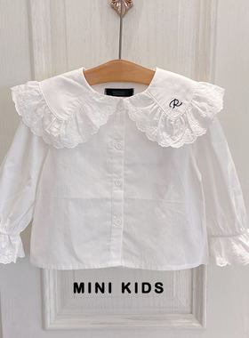 韩国单女童小众设计纯棉字母刺绣荷叶边大翻领长袖衬衫上衣娃娃衫