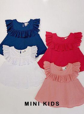 澳洲cot~2-10岁女童宝纯棉薄款荷叶边刺绣上衣飞袖娃娃衫短袖T恤