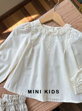 Susu原厂好货~女童春秋米色薄款柔软蕾丝娃娃领上衣 长袖衬衫衬衣