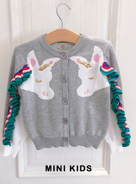 超美~英国min独角兽春款中童装圆领灰色纯棉双层毛衣针织开衫外套