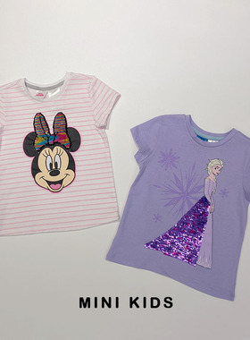 欧单~迪斯尼 3-7岁女童宝卡通亮片米妮条纹60棉短袖T恤 紫色爱莎