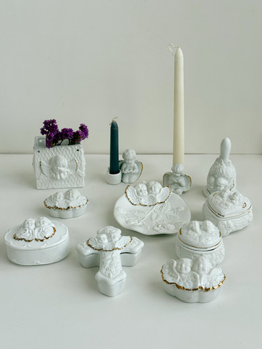 中古老货 立体浮雕天使磨砂质感中古瓷器首饰盒烛台微瑕特价