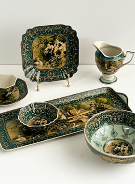 瑕疵特价 出口老货皇室瓷器雅顿欧洲名画绿色人物盘釉中彩盘