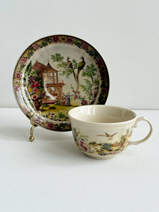 皇家雅顿中古瓷器中西合璧亭台楼阁复古黑瓷釉中彩咖啡杯碟