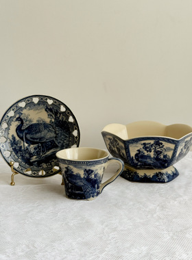 孔雀不落无福之家皇家雅顿中古蓝色孔雀系列釉中彩咖啡杯果盆