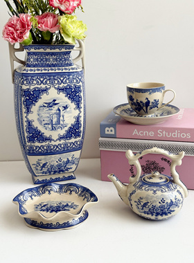 蓝色玄鸟系列 皇家雅顿中古瓷经典青花玄鸟黑瓷提壶釉中彩蛋糕碟