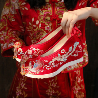 结婚明制汉服婚鞋中式女古风内增高刺绣新娘鞋子搭配秀禾服的红色