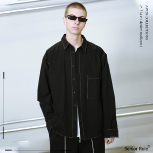 Senior 潮 Role撞色走线宽松纯色外套阔型男黑色纯棉休闲衬衫