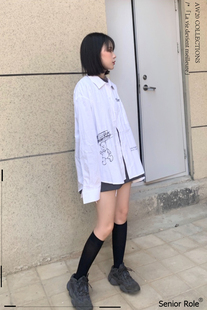 Senior 阔型男手绘印花休闲衬衣外套潮流男 Role国潮白色宽松衬衫