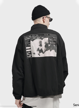 Senior Role潮牌拼接印花外套国潮嘻哈宽松黑灰双色拉链夹克男