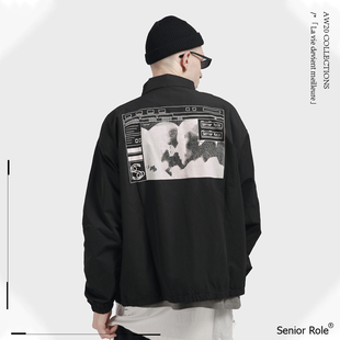Senior Role潮牌拼接印花外套国潮嘻哈宽松黑灰双色拉链夹克男