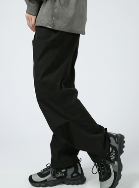 SeniorRole潮牌休闲直筒抽绳束脚裤国潮大口袋宽松黑色休闲裤男