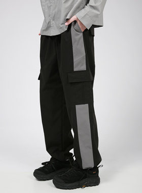 Senior Role国潮抽绳宽松休闲裤黑灰拼接直筒工装裤男束脚裤