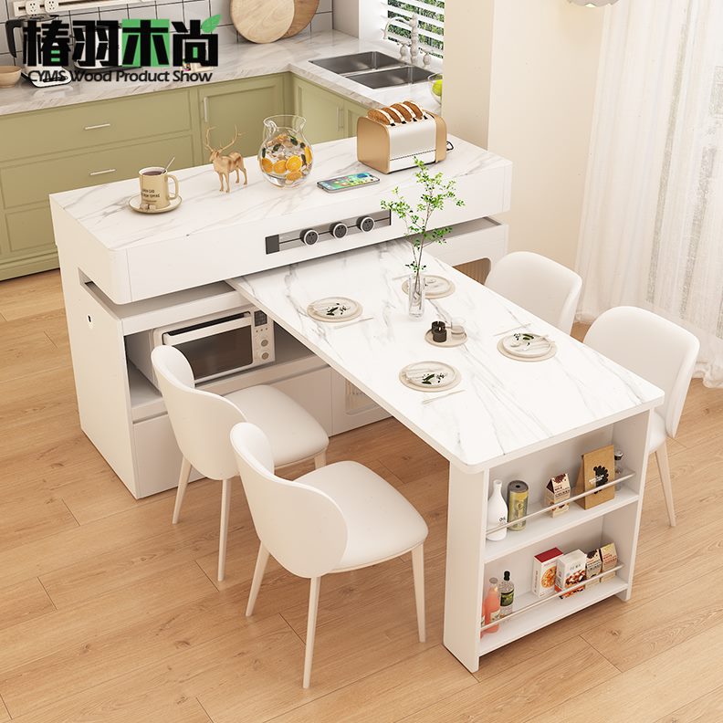 岛台餐桌一体可伸缩旋转中岛台小户型家用岩板吧台桌厨房岛台餐桌