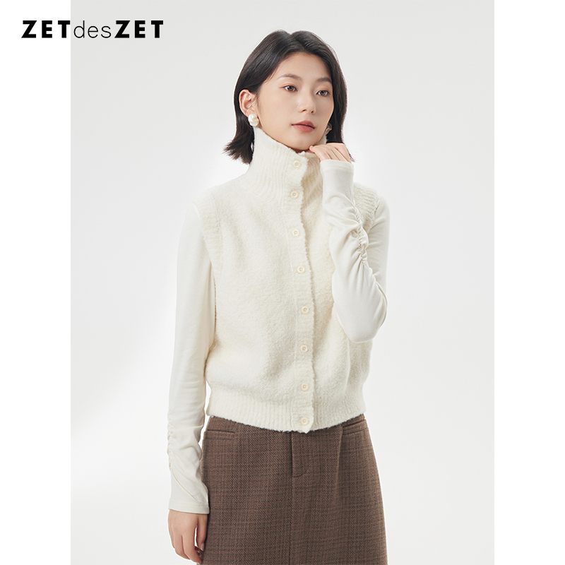 高领羊毛混纺针织开衫马夹