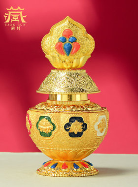 藏村彩绘八吉祥宝瓶 藏式镇家用供瓶 黄财神地藏龙王摩尼宝瓶摆件