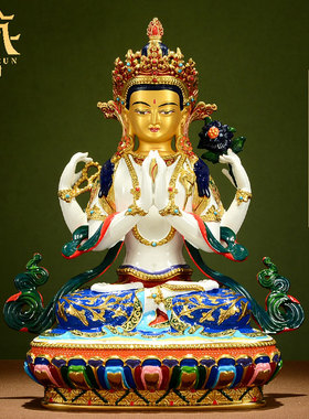 四臂观音铜像佛事用品铜手工彩绘描金随身小铜像观音菩萨摆件