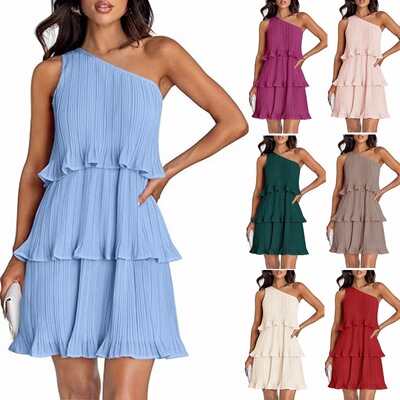 2027 diagonal shoulder layered patchwork hem pleated dress