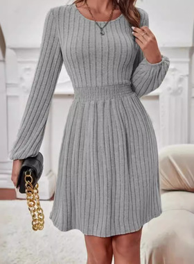 2024 pit stripe round neck waist cinched dress