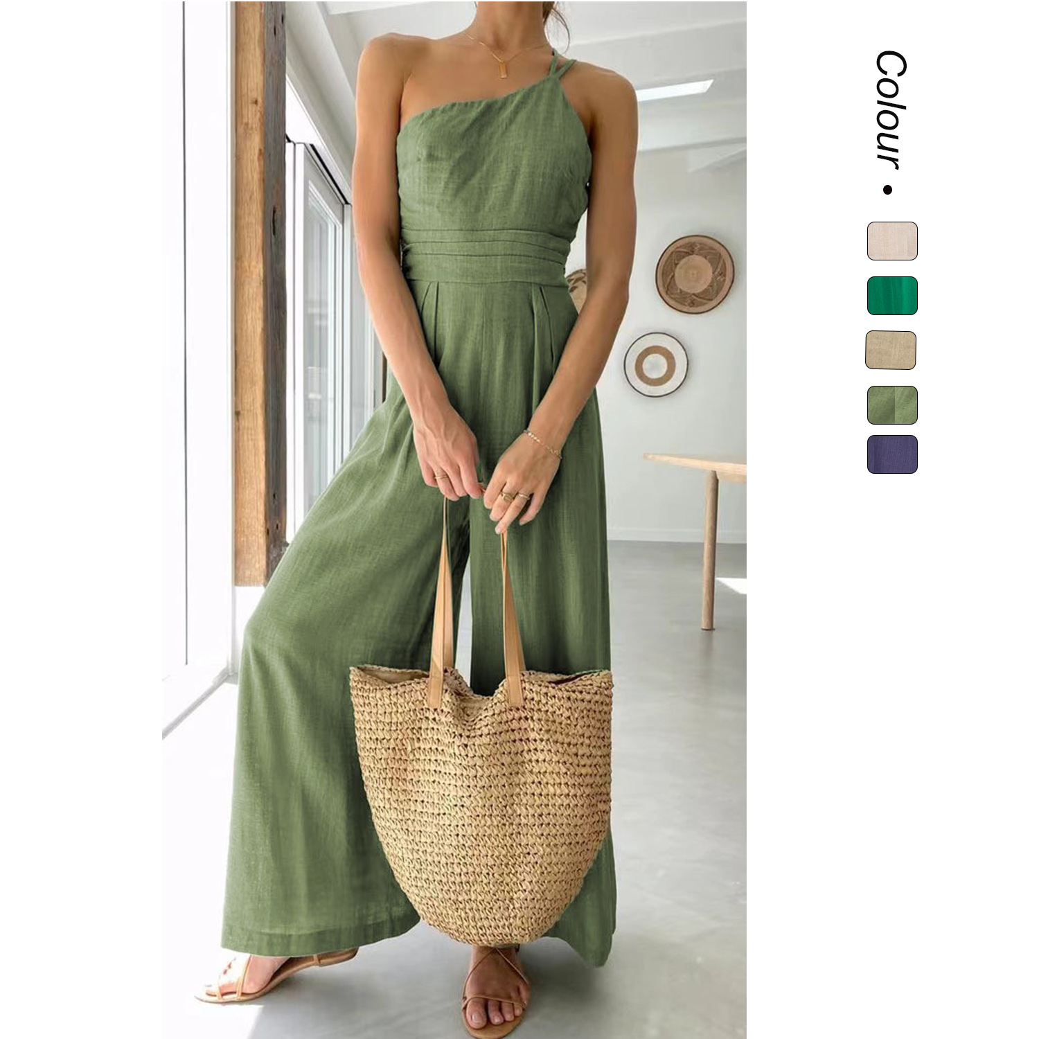 2025 loose wide leg cotton linen jumpsuit