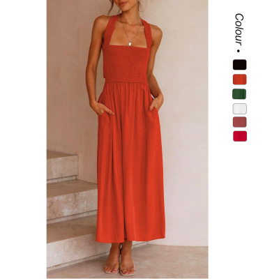 2027 sexy backless cotton linen suspender dress 吊带连衣裙