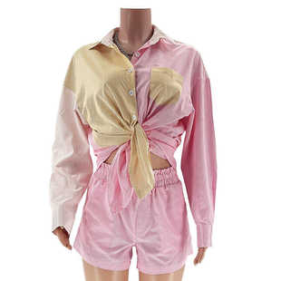 striped color blocked 2024 casual breasted shirt set single