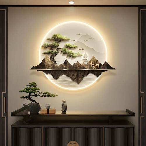 迎客松山水新中式玄关禅意茶室画