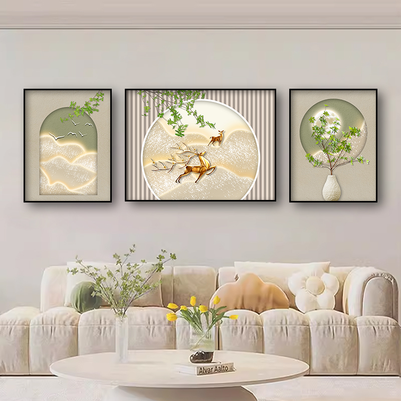 新款奶油风福禄客厅沙发三联挂画