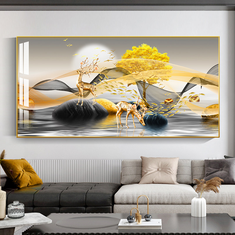 定做代简约厅饰画气麋鹿横版大挂画沙单幅奢发背现客景墙上面装壁
