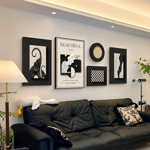 现代简约客厅装饰画黑白灰极简沙发背景墙挂画轻奢高级感组合壁画