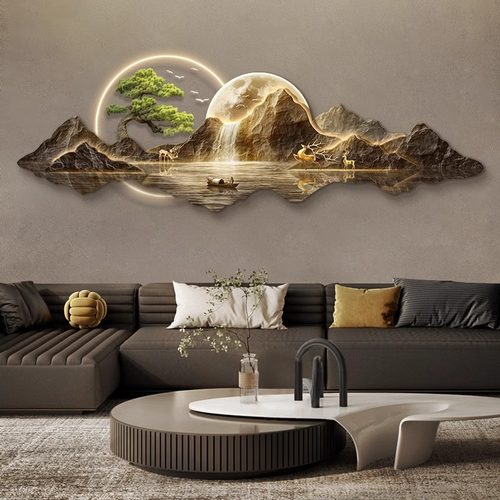 灯光画客厅装饰画有靠山流水生财高端大气LED挂画沙发背景墙壁灯