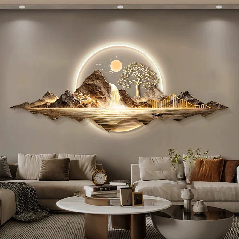 流水生财轻奢客厅装饰画高档沙发背景墙挂画新中式大气山水壁灯画,家居饰品,现代装饰画,淘宝优惠券,粉丝福利购,淘宝优惠卷