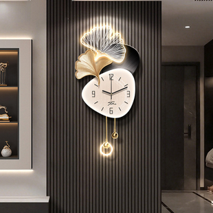 福石杏运电视背景墙挂钟轻奢高级感银杏叶时钟表创意格栅壁灯挂件
