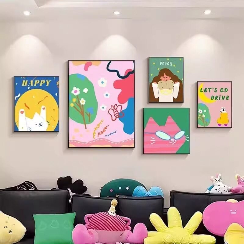 多巴胺客厅装饰画高端沙发背景墙组合挂画有趣的卡通壁龛艺术壁画